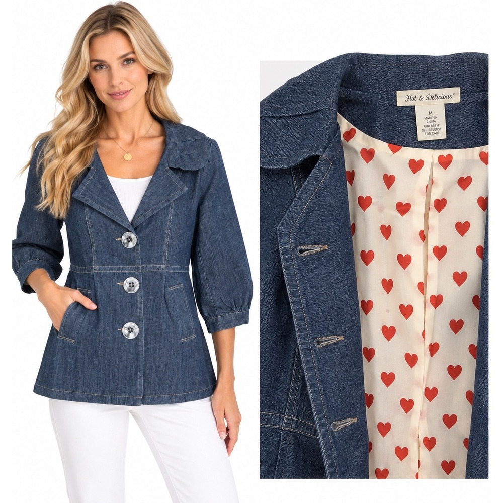 Hot & Delicious Womens Denim Jacket Y2K Boho 90's Hearts Minimalist Street M